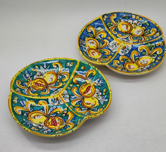 Handmade Sicilian 28 cm 3-Section Ceramic Serving Bowl | Ceramica di Caltagirone | Italian Antipasti Bowl | Olive & Snack Serving Dish | Made in Sicily