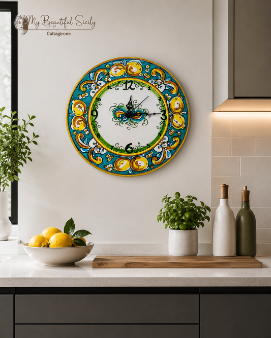 Handmade Sicilian Ceramic Wall Clock 30 cm | Lemon Wall Clock | Ceramica di Caltagirone | Italian Kitchen Decor | Mediterranean Home Gift