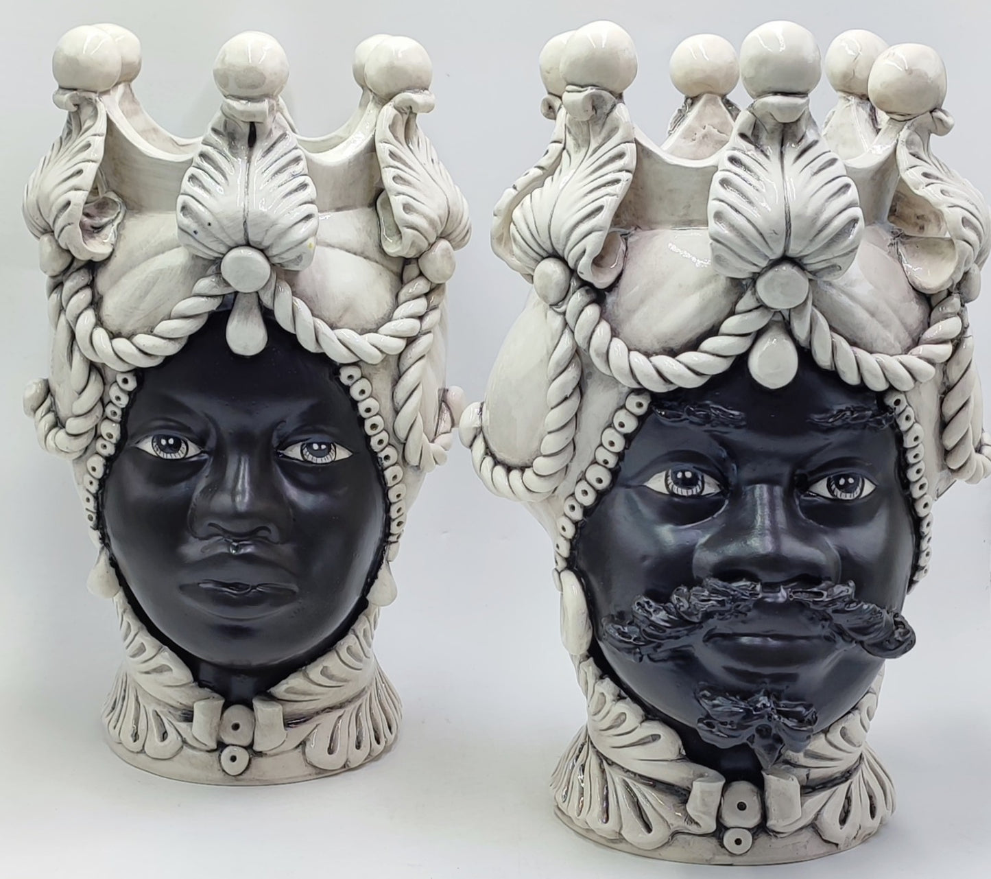 Regal Sicilian Moor’s Heads – Antique-Style Black Matte Couple, 42/43 cm (16.5/17 in)