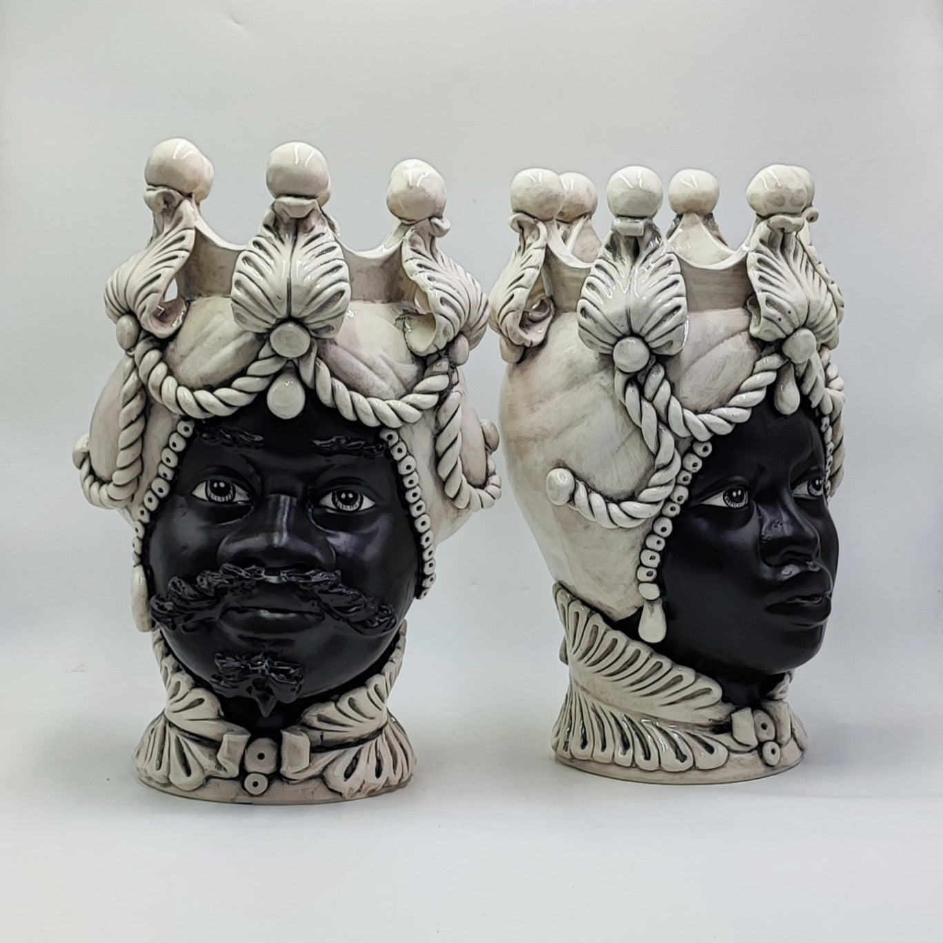 Regal Sicilian Moor’s Heads – Antique-Style Black Matte Couple, 42/43 cm (16.5/17 in)