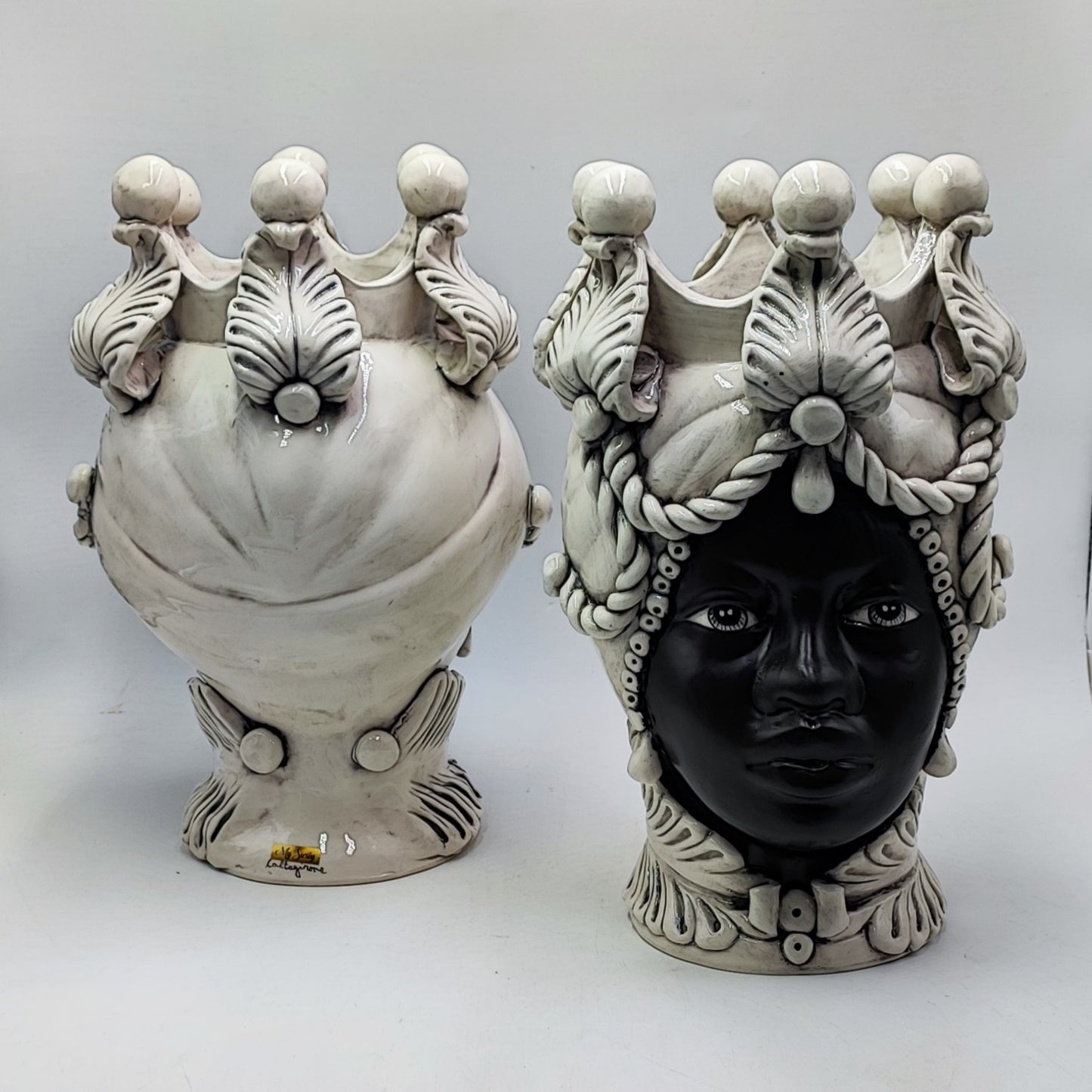 Regal Sicilian Moor’s Heads – Antique-Style Black Matte Couple, 42/43 cm (16.5/17 in)