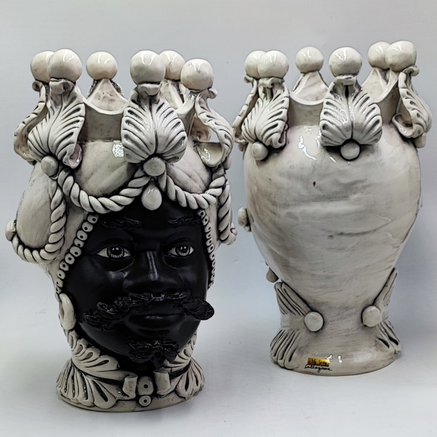 Regal Sicilian Moor’s Heads – Antique-Style Black Matte Couple, 42/43 cm (16.5/17 in)