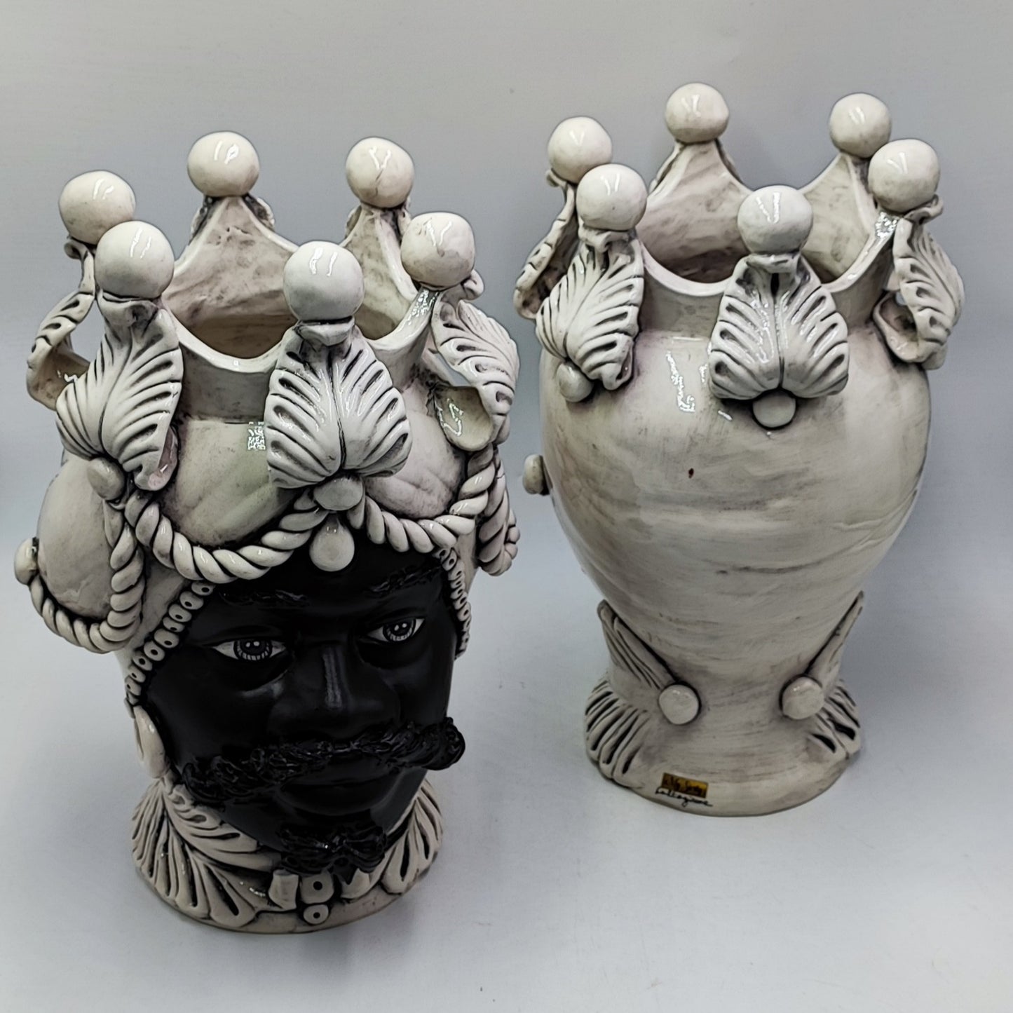 Regal Sicilian Moor’s Heads – Antique-Style Black Matte Couple, 42/43 cm (16.5/17 in)