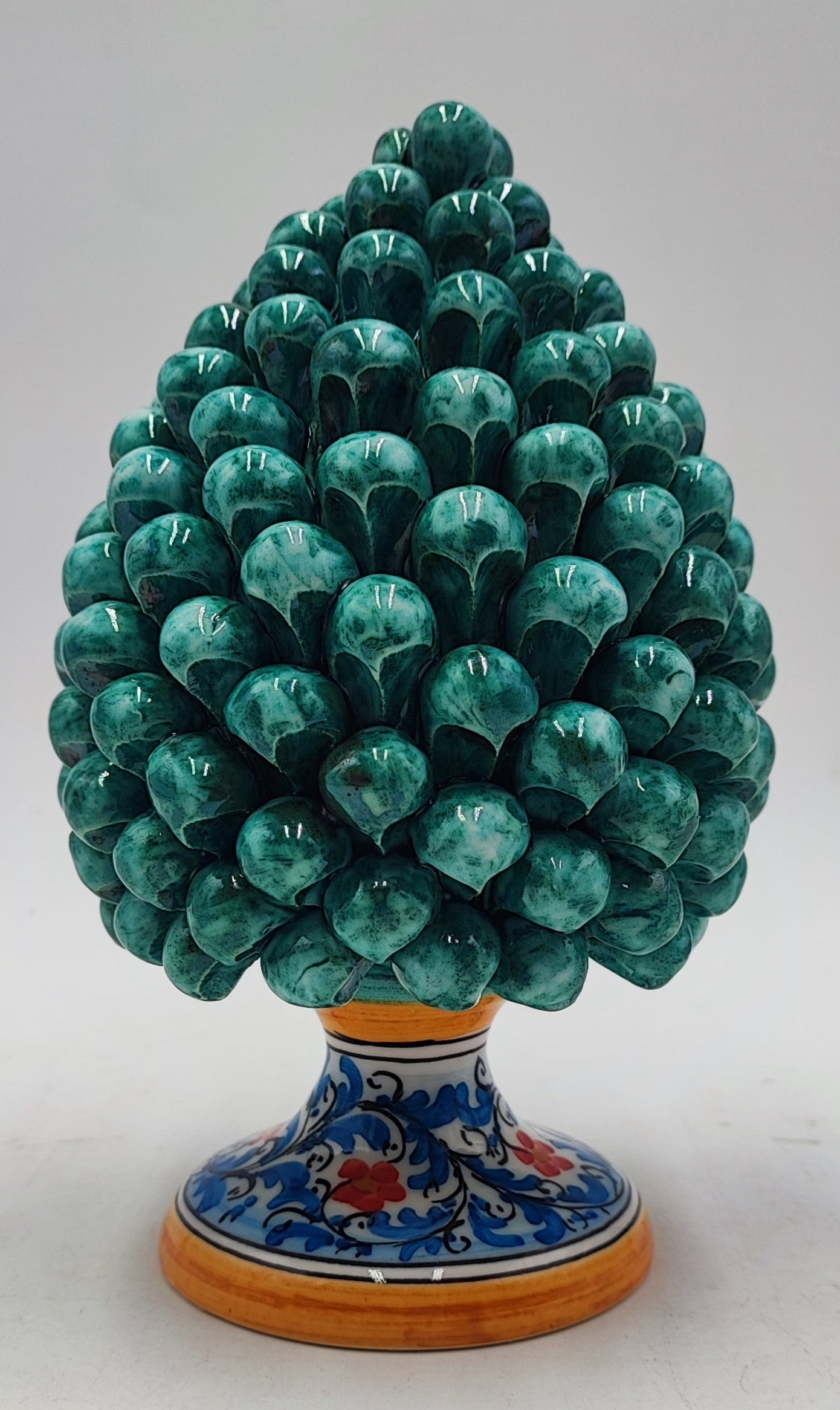 Sicilian ceramic pine cone, hand made with decorative base 20cm