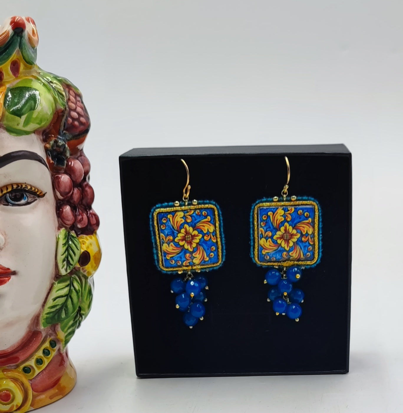 Handcrafted Italian-Inspired Tile Earrings | Blue & Gold Floral Design | 6cm (2.36") Drop Length