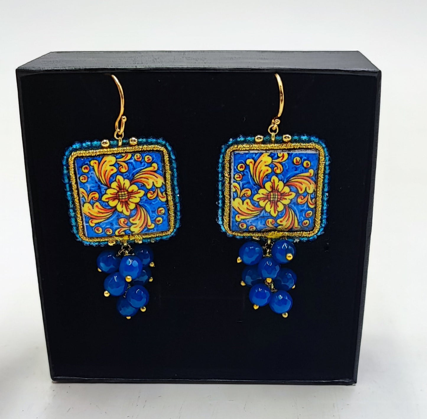 Handcrafted Italian-Inspired Tile Earrings | Blue & Gold Floral Design | 6cm (2.36") Drop Length
