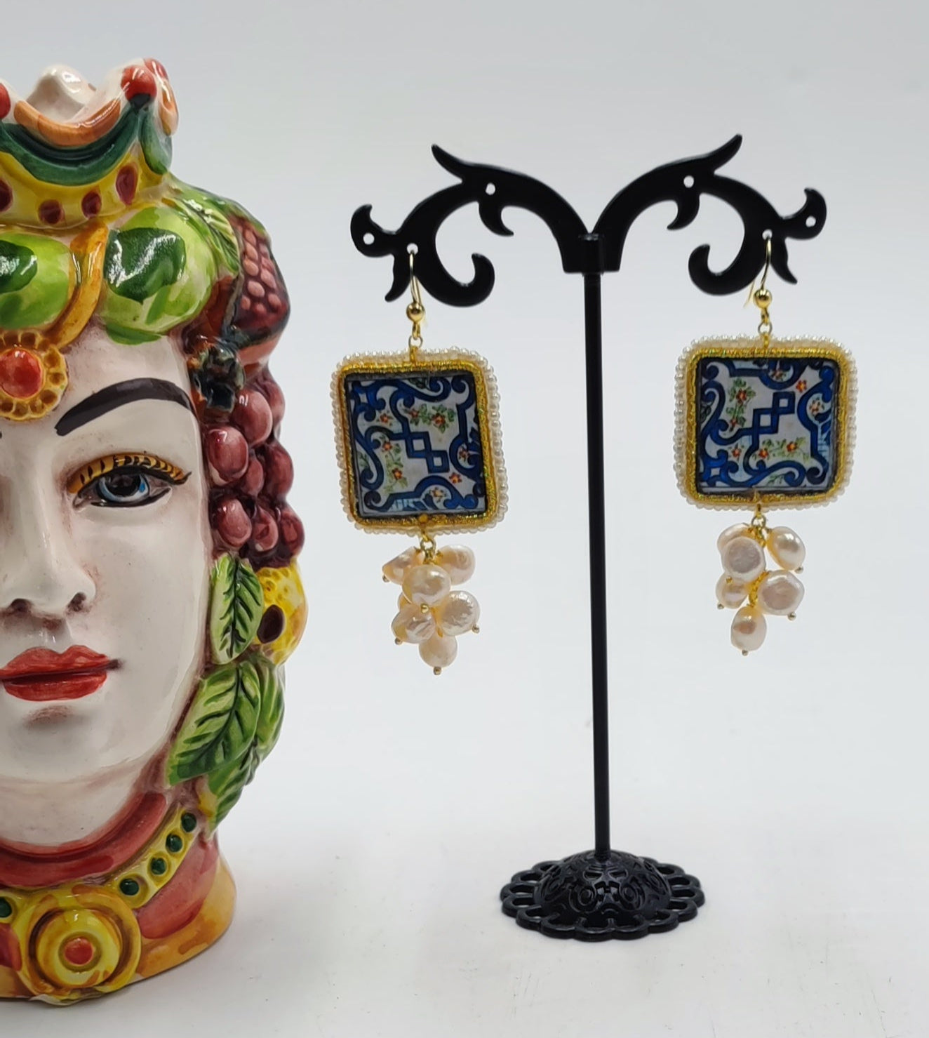 Handcrafted Italian-Inspired Tile Earrings | White & Blue Floral Design | 6cm (2.36") Drop Length