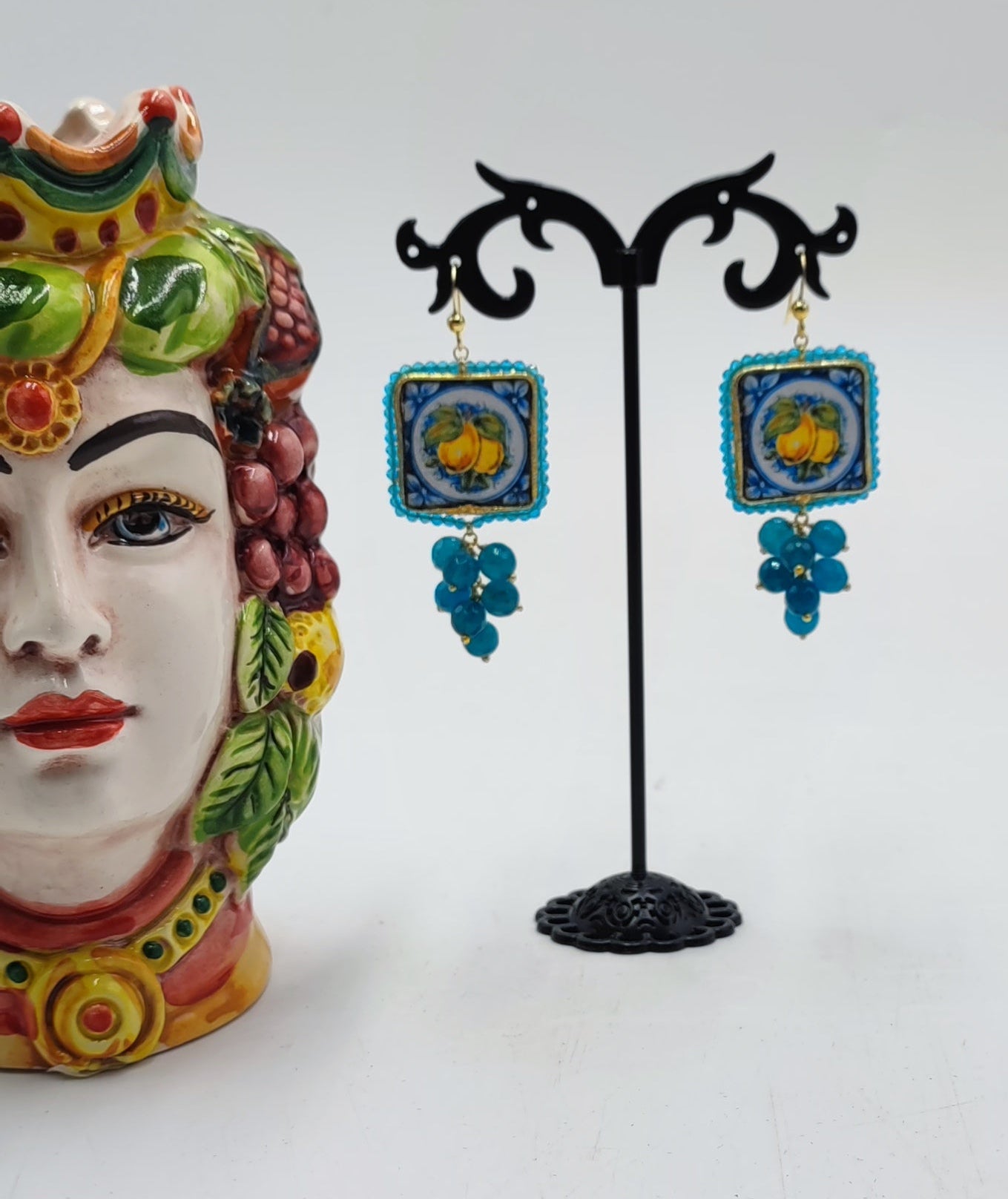 Handcrafted Italian-Inspired Tile Earrings | Blue & Gold Floral Design | 6cm (2.36") Drop Length