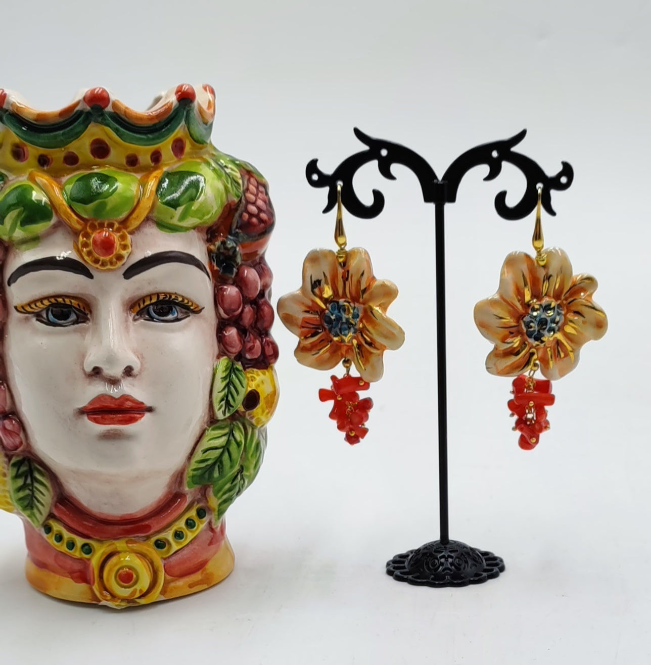 Hand-Painted Floral Earrings with Coral | Statement Earrings with 925 Silver Hooks | Bold Summer Jewelry | 7cm / 2.75” Drop