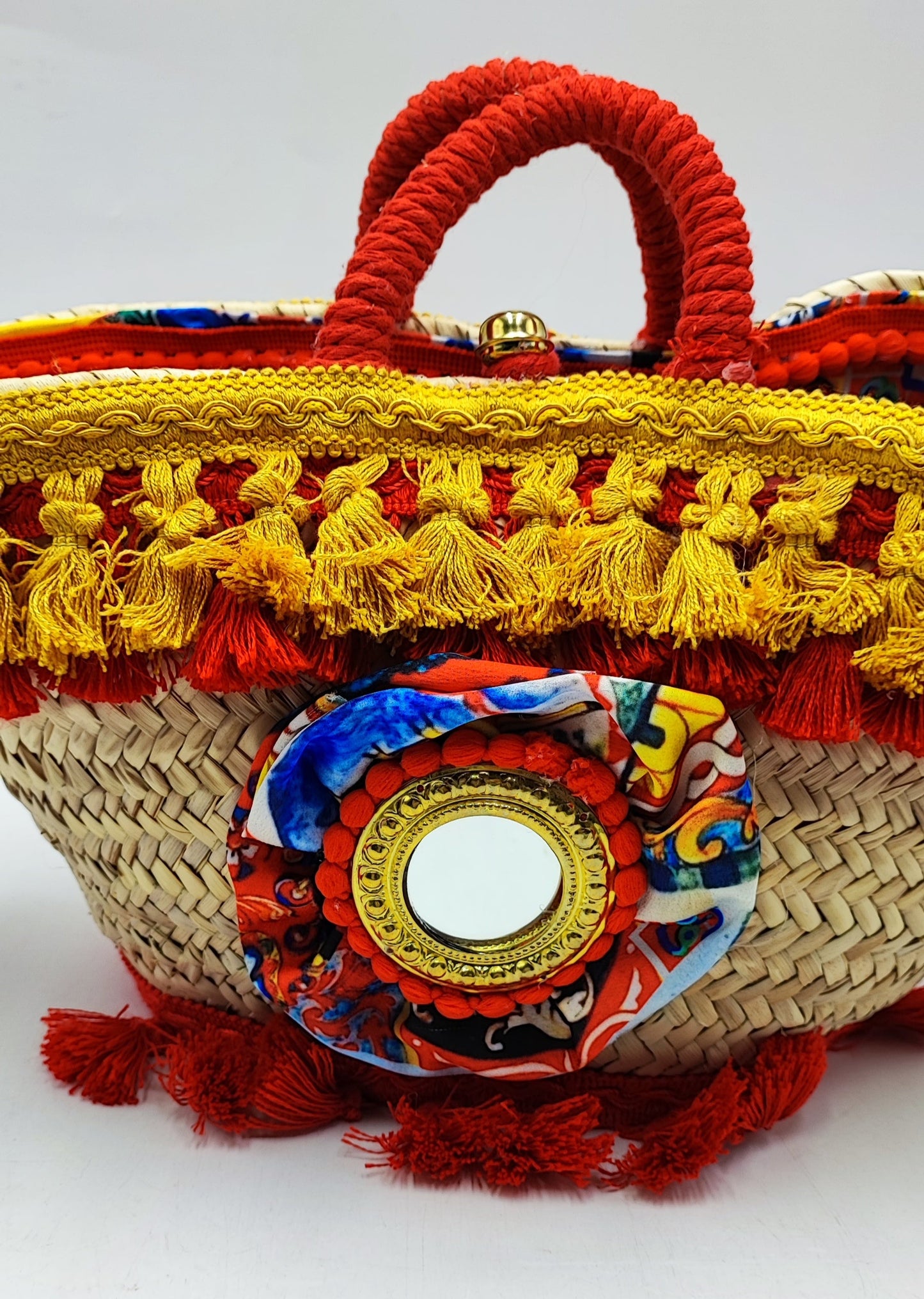 Handmade Sicilian Coffa Bag – Woven Straw Tote with Colorful Pom-Poms & Embellishments – Boho Summer Beach Bag – 13.4"x8.7"