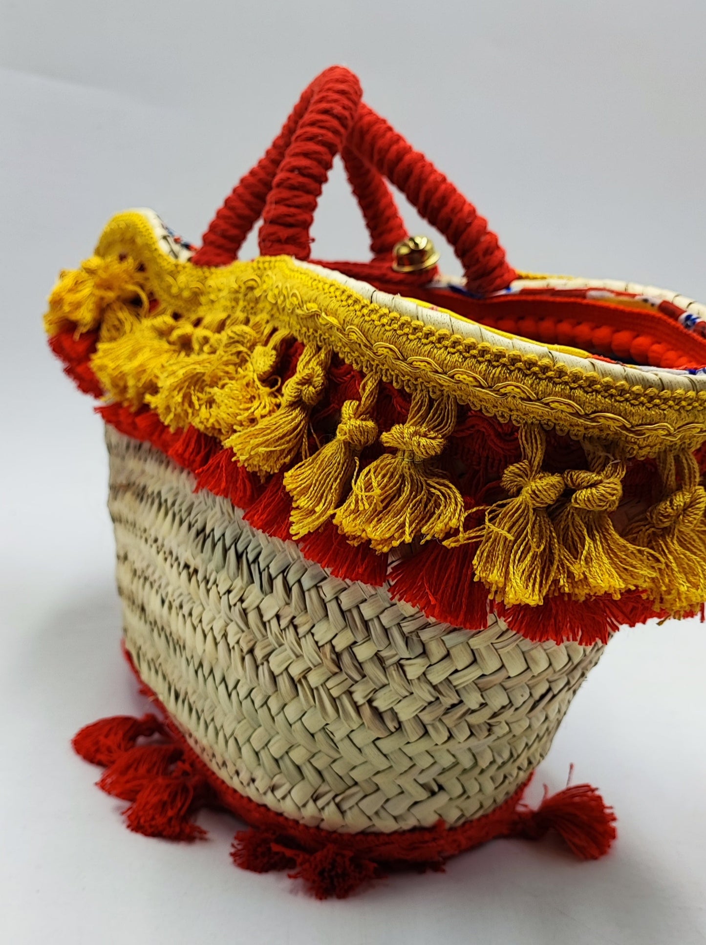 Handmade Sicilian Coffa Bag – Woven Straw Tote with Colorful Pom-Poms & Embellishments – Boho Summer Beach Bag – 13.4"x8.7"