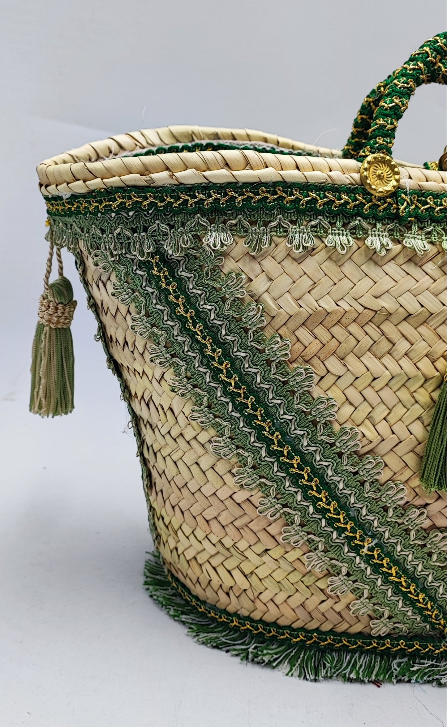 Handwoven Sicilian Straw Bag with Green Tassels | 49 cm x 30 cm (19.3” x 11.8”) | Large Handmade Beach Tote | Italian Boho Summer Basket Bag