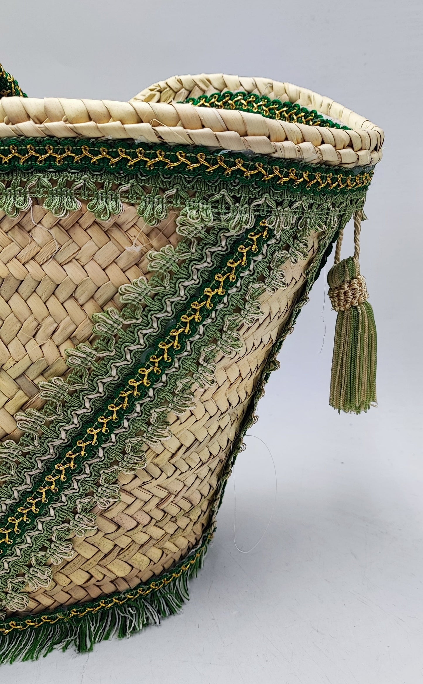 Handwoven Sicilian Straw Bag with Green Tassels | 49 cm x 30 cm (19.3” x 11.8”) | Large Handmade Beach Tote | Italian Boho Summer Basket Bag
