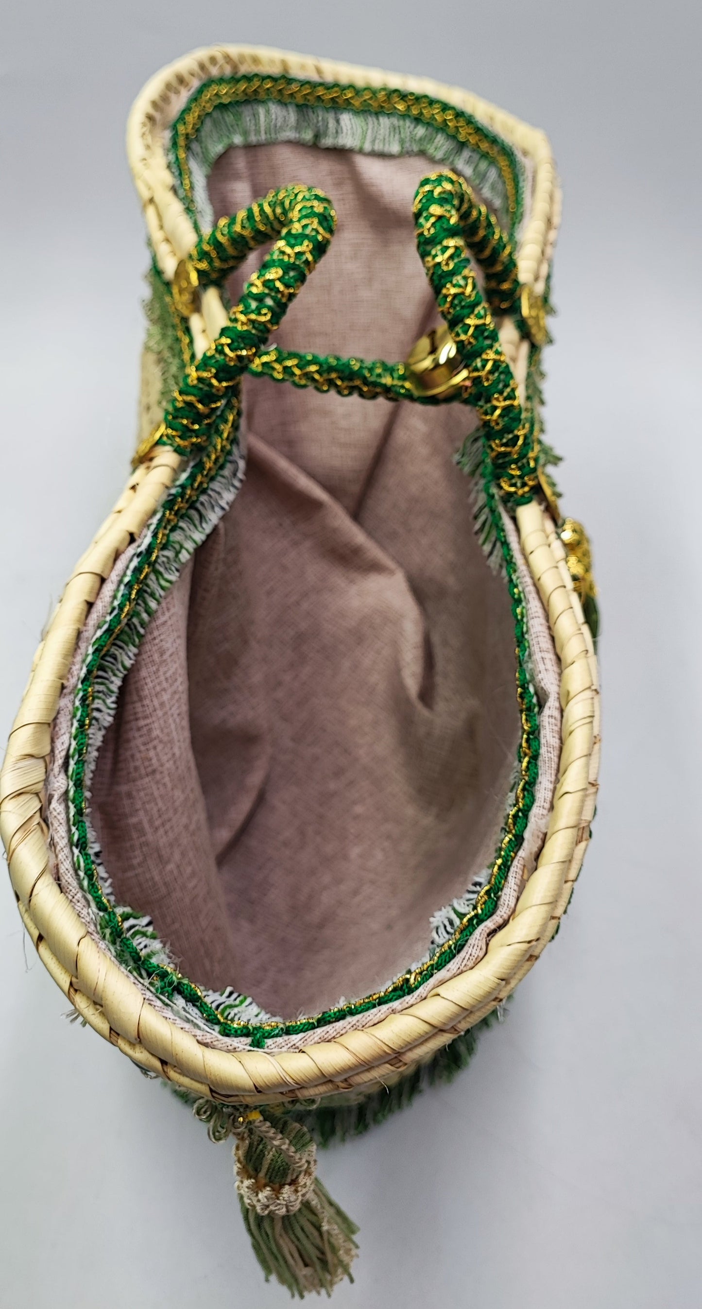 Handwoven Sicilian Straw Bag with Green Tassels | 49 cm x 30 cm (19.3” x 11.8”) | Large Handmade Beach Tote | Italian Boho Summer Basket Bag