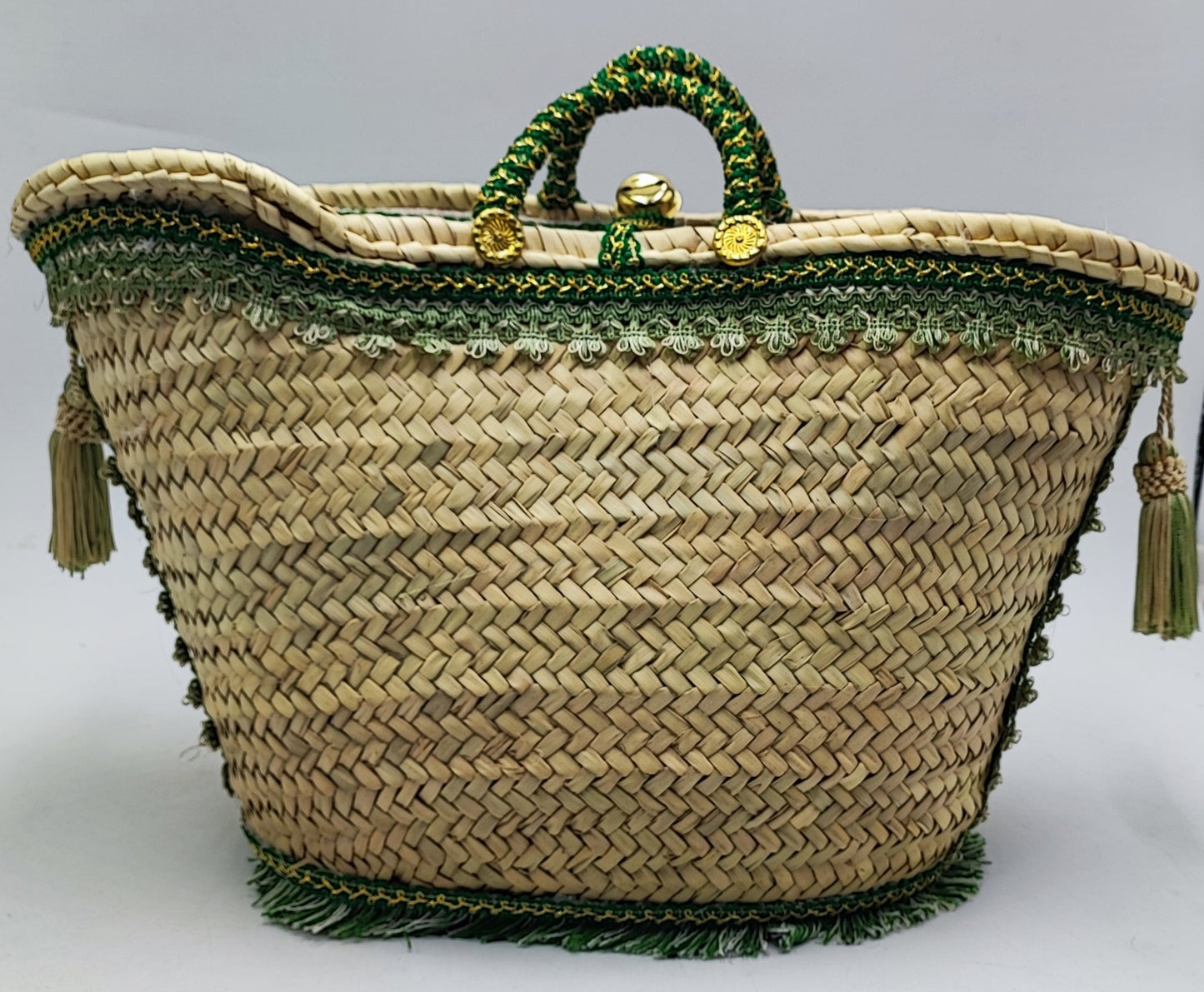 Handwoven Sicilian Straw Bag with Green Tassels | 49 cm x 30 cm (19.3” x 11.8”) | Large Handmade Beach Tote | Italian Boho Summer Basket Bag