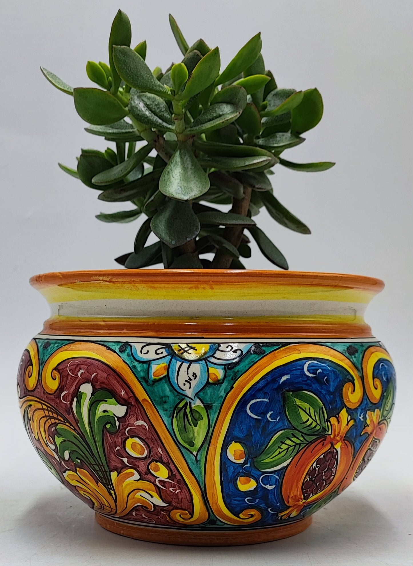 Handmade Round Ceramic Cachepot from Ceramica di Caltagirone – 22.5cm x 16cm (8.85” x 6.3”)