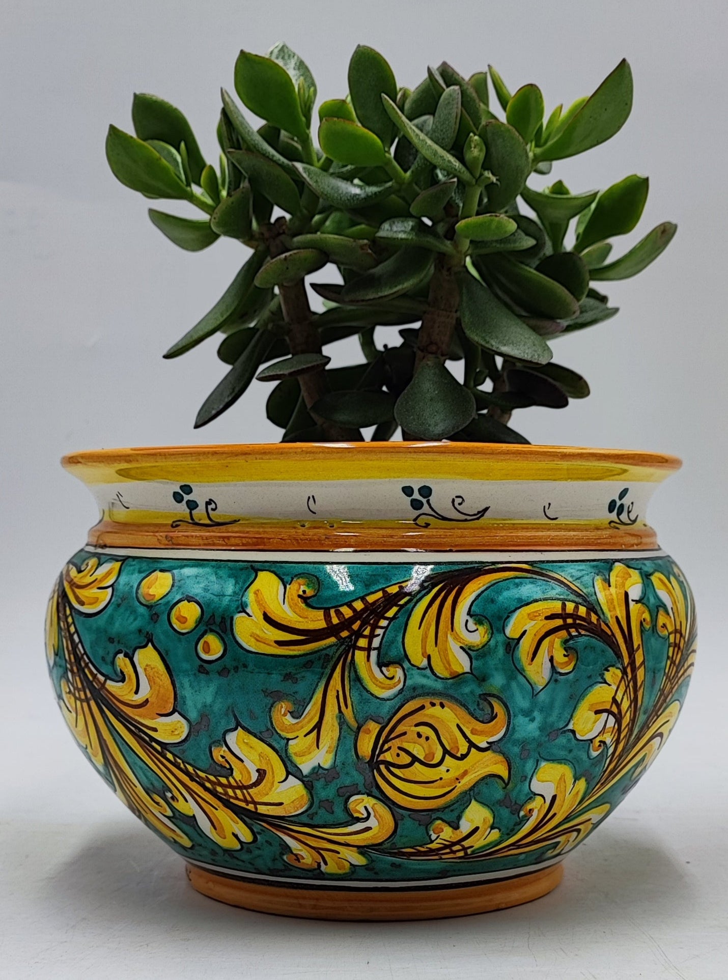 Handmade Round Ceramic Cachepot – Caltagirone Pottery Planter – 22.5cm x 16cm (8.85” x 6.3”) – Sicilian Majolica Flower Pot