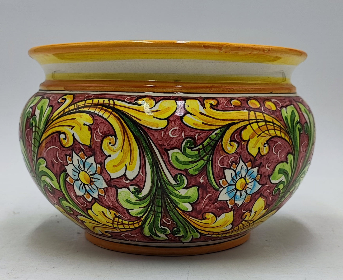 Handmade Round Ceramic Cachepot – Caltagirone Pottery Planter – 22.5cm x 16cm (8.85” x 6.3”) – Sicilian Majolica Flower Pot