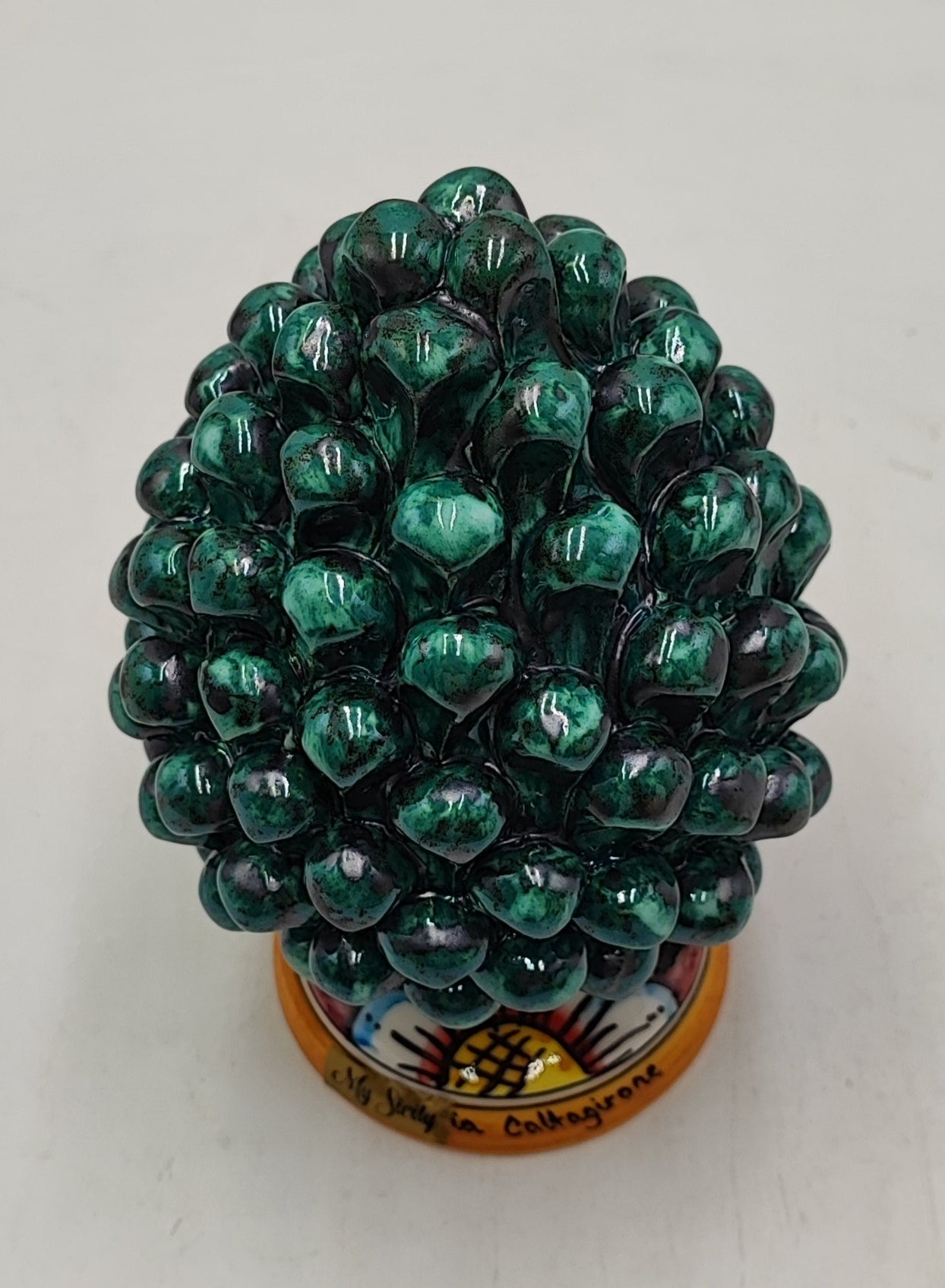 Handmade Sicilian Ceramic Pine Cone: Caltagirone Pottery, Sugar Paper Blue (7.87”)