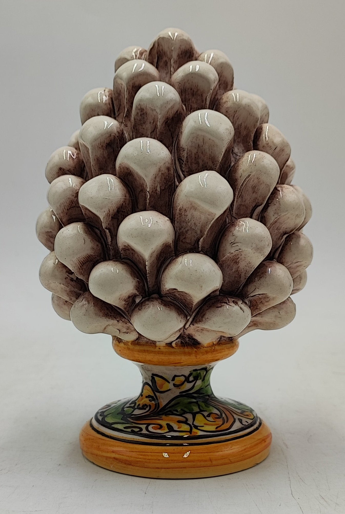 Sicilian ceramic pine cone, hand made, with decorative base and with out 15cm