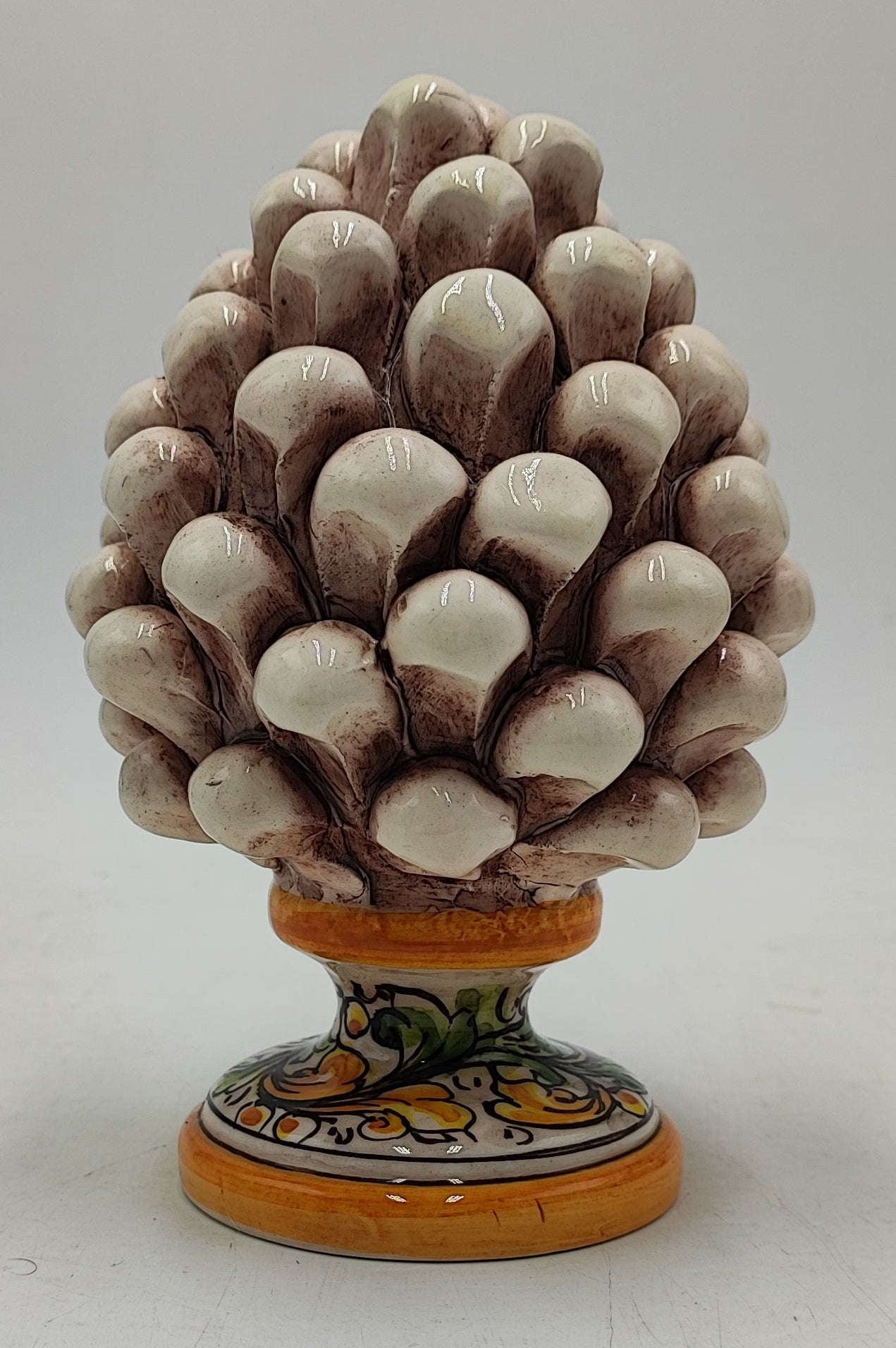 Sicilian ceramic pine cone, hand made, with decorative base and with out 15cm
