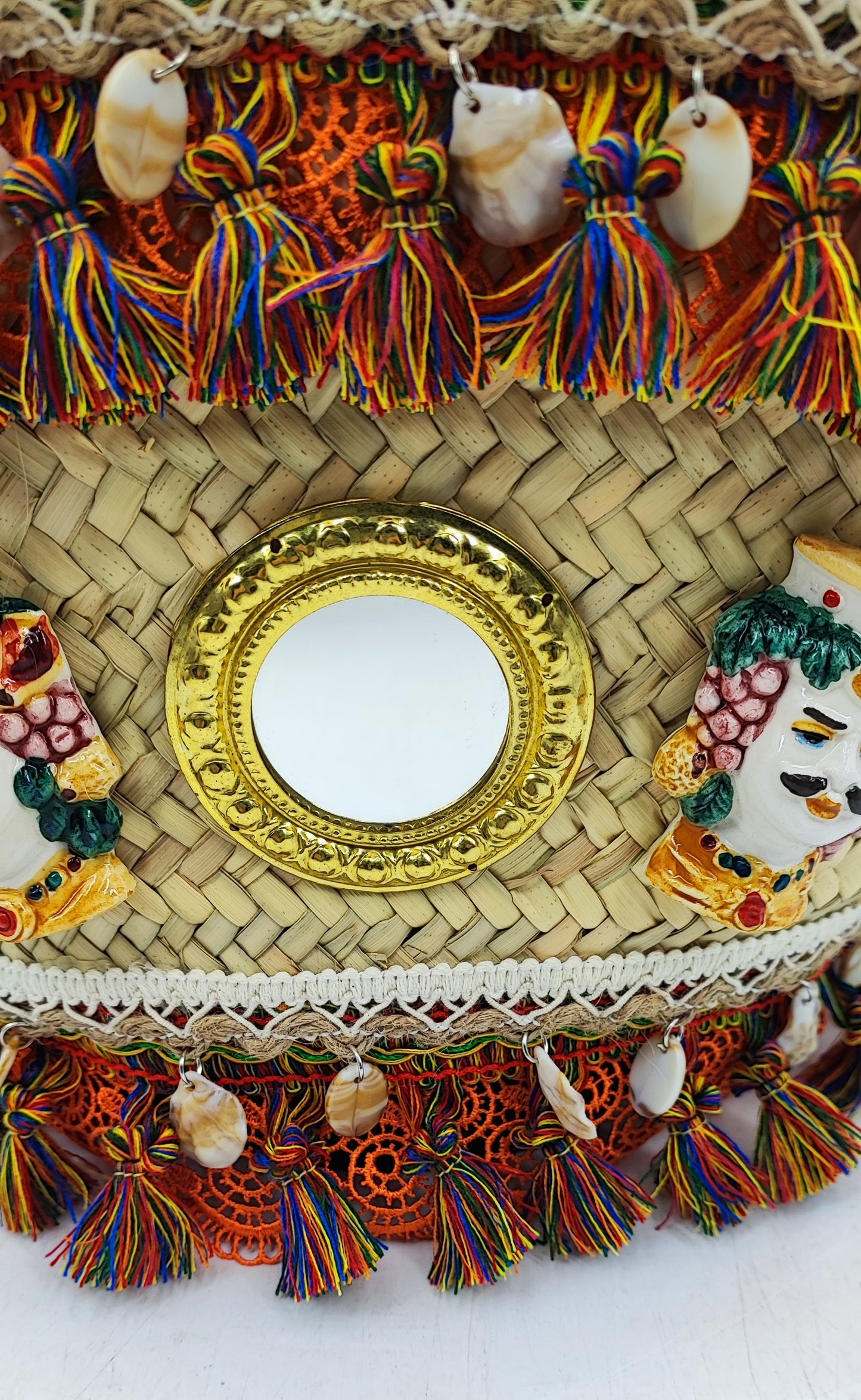Handmade Sicilian Coffa Straw Bag with Moorish Heads & Mirror – Italian Artisan Basket