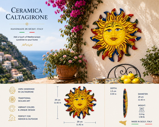 Handmade Sicilian Ceramic Sun Wall Plaque 29 cm | Ceramica di Caltagirone | Italian Wall Decor | Mediterranean Sun Wall Art | Made in Sicily