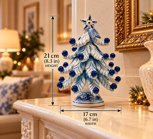 Traditional Sicilian ceramic Christmas tree with white sculpted branches, blue decorations and a hand-painted pedestal.