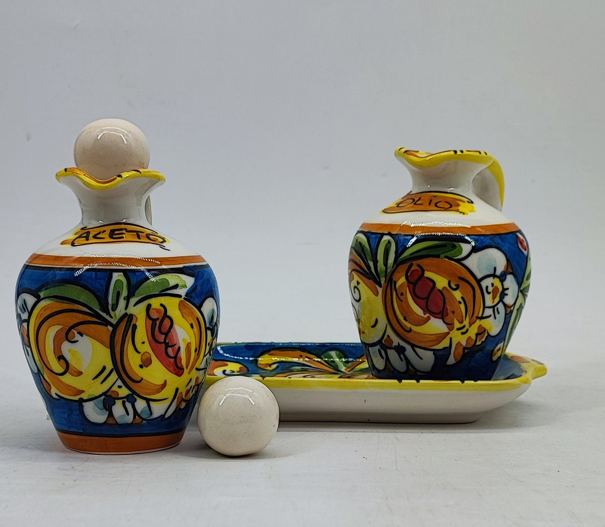 Handmade Italian ceramic oil and vinegar gift set for a Mediterranean or farmhouse kitchen