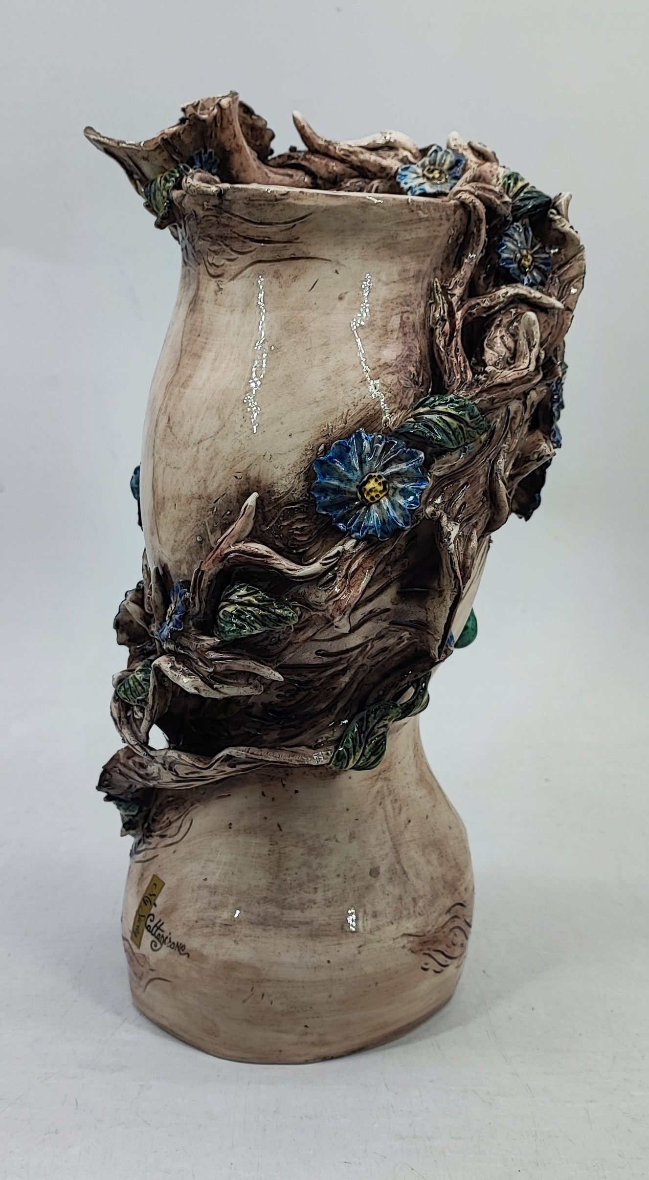 Sicilian Female Head Vase 38 cm – Handmade Floral Testa di Moro with Blue Flowers