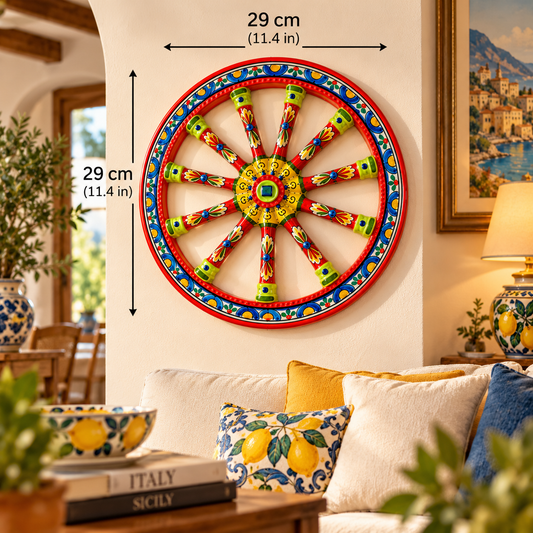 Sicilian ceramic cart wheel wall decoration measuring 29 cm or 11.4 inches in diameter, handmade and hand-painted in Italy.