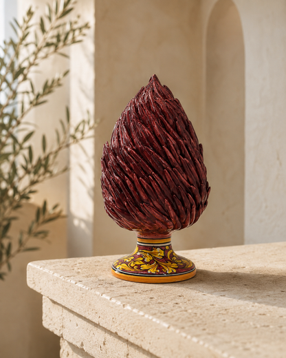 Handmade Sicilian Ceramic Pine Cone 28 cm – Burgundy Caltagirone Pigna