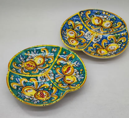 Handmade Sicilian 28 cm 3-Section Ceramic Serving Bowl | Ceramica di Caltagirone | Italian Antipasti Bowl | Olive & Snack Serving Dish | Made in Sicily