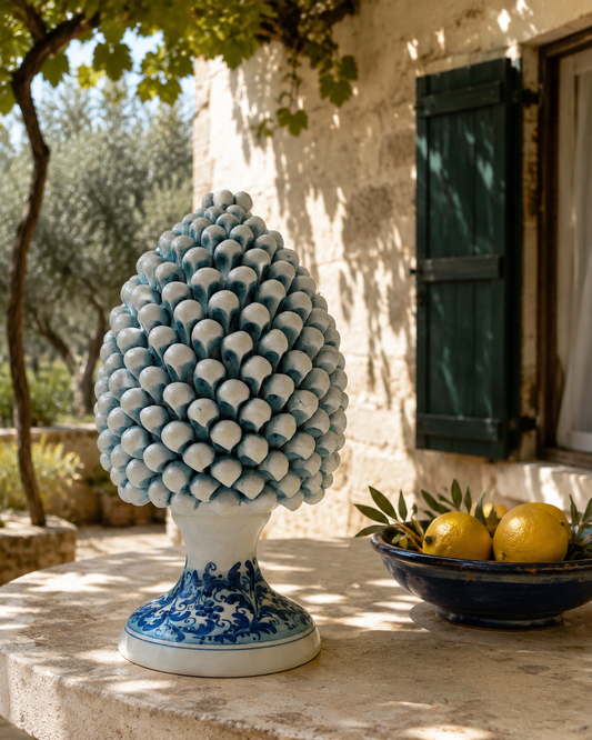 Blue & White Sicilian Ceramic Pine Cone 33 cm – Handmade Italian Pigna