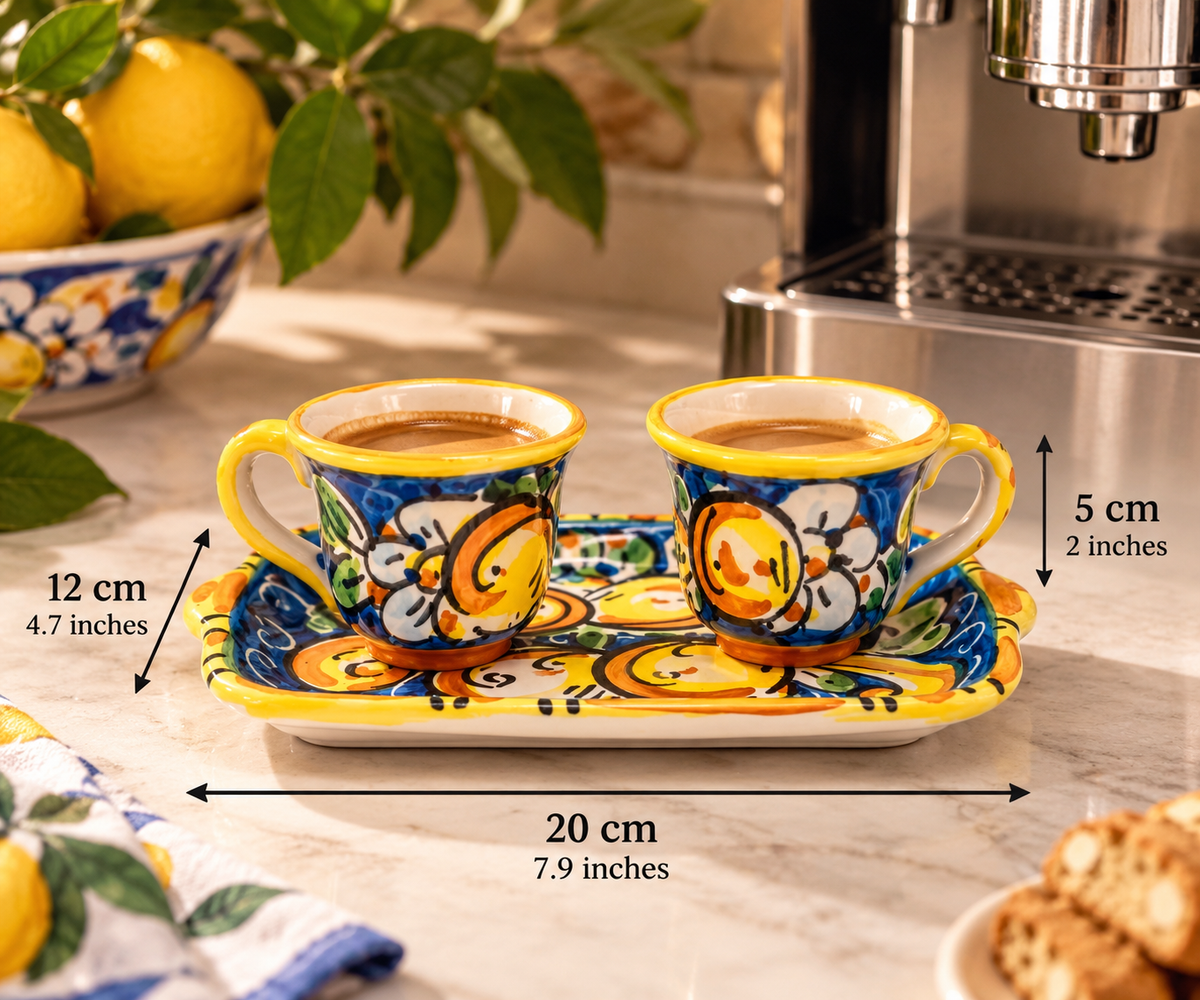 Caltagirone ceramic espresso cup set with two hand painted cups and rectangular serving tray