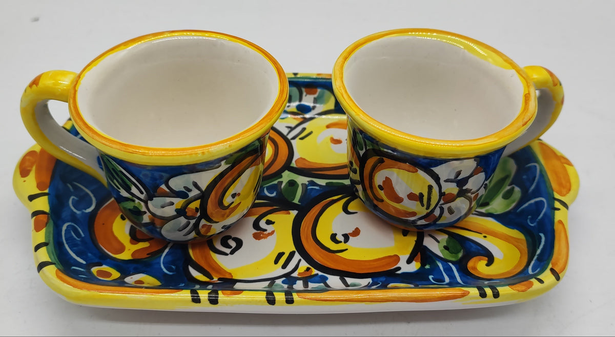 Hand painted Caltagirone ceramic rectangular espresso serving tray with Sicilian decoration