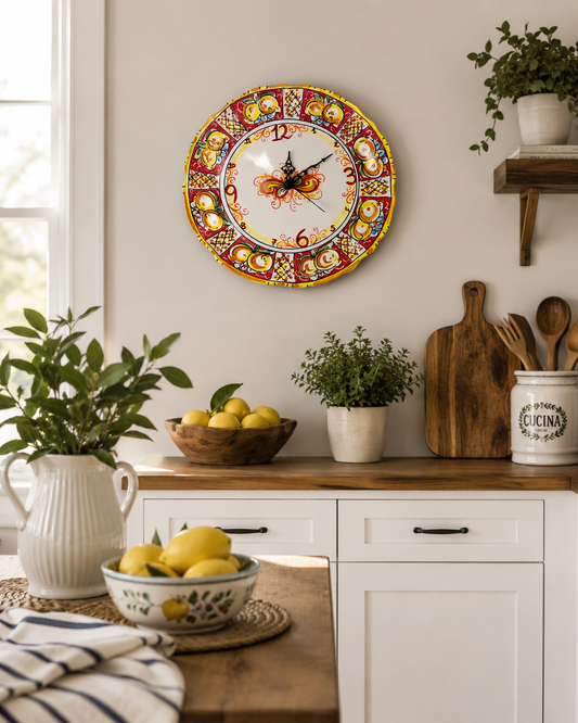 Handmade Sicilian Ceramic Wall Clock 30 cm | Red Lemon Wall Clock | Ceramica di Caltagirone | Italian Kitchen Decor | Mediterranean Wall Art