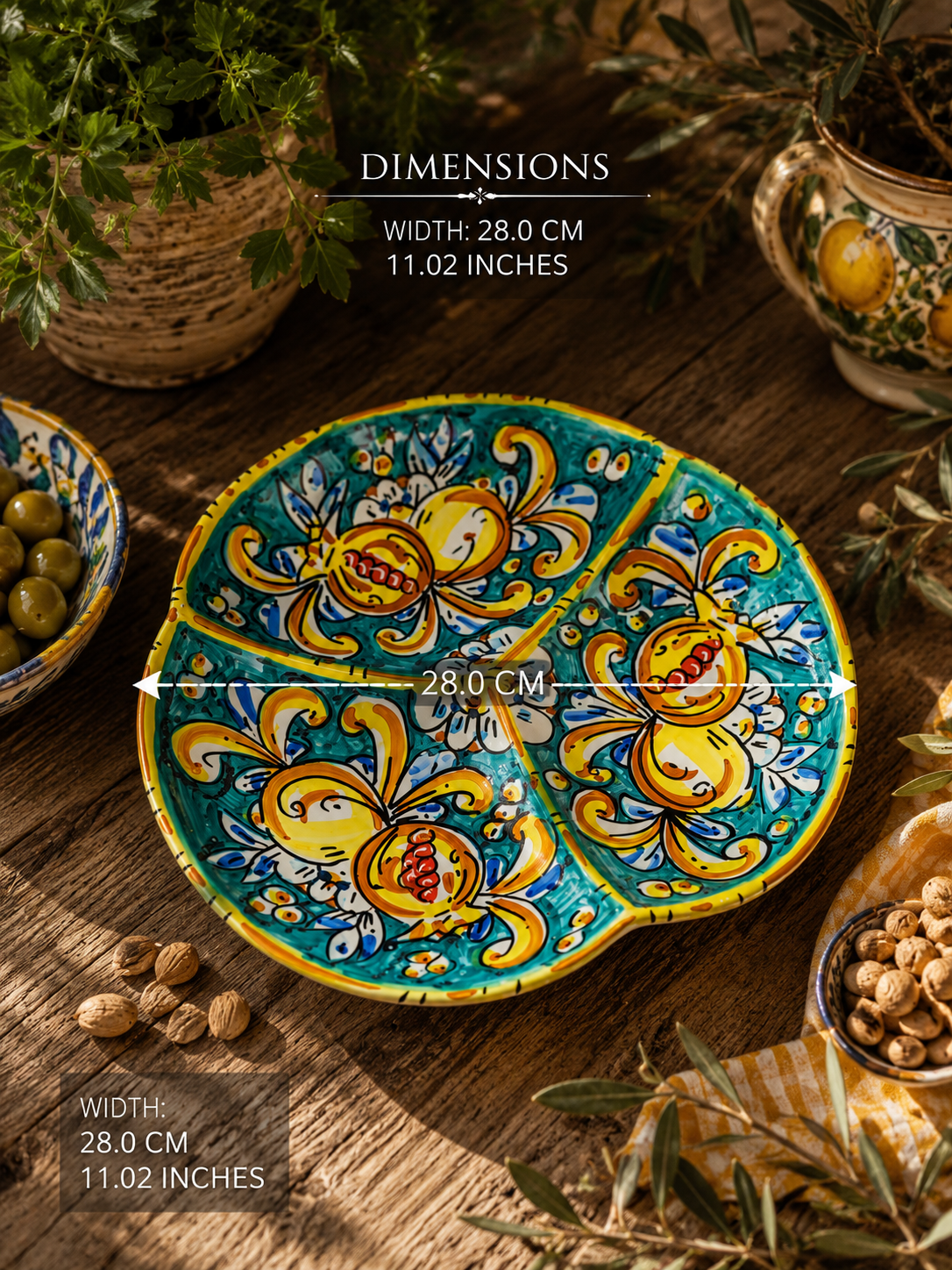 Handmade Sicilian 28 cm 3-Section Ceramic Serving Bowl | Ceramica di Caltagirone | Italian Antipasti Bowl | Olive & Snack Serving Dish | Made in Sicily