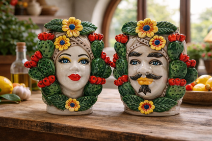 Ceramica di Caltagirone Sicilian Moorish Heads - Handcrafted Mediterranean Art Sculpture in Italian Pottery