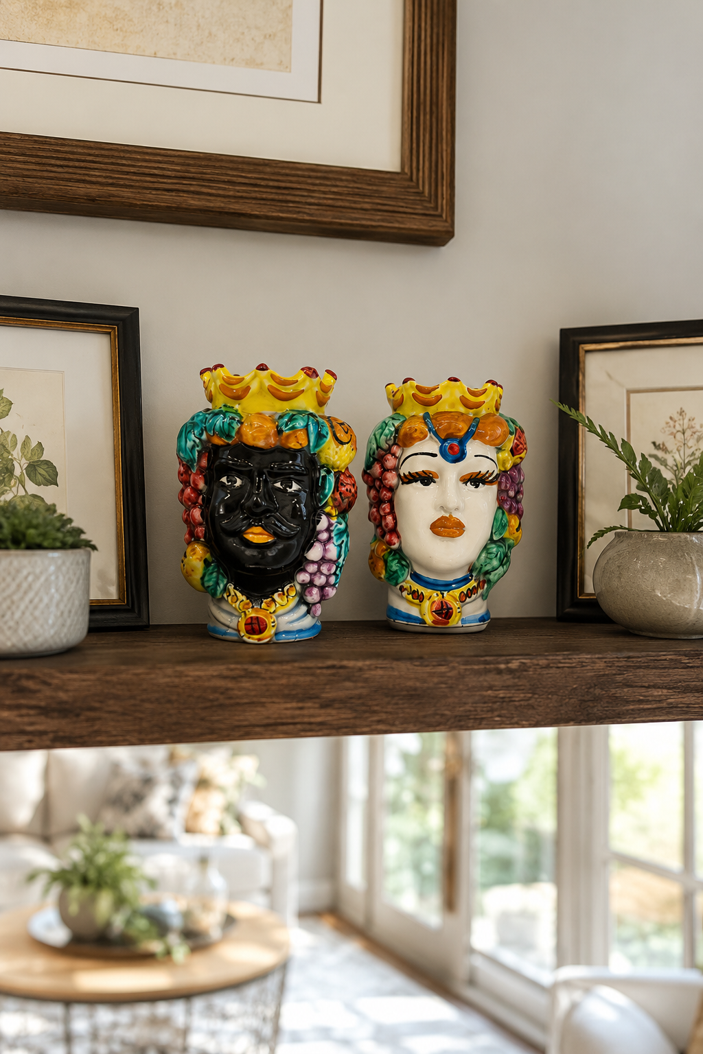 Male and female Sicilian Moor’s Head ceramic vases displayed together and sold separately