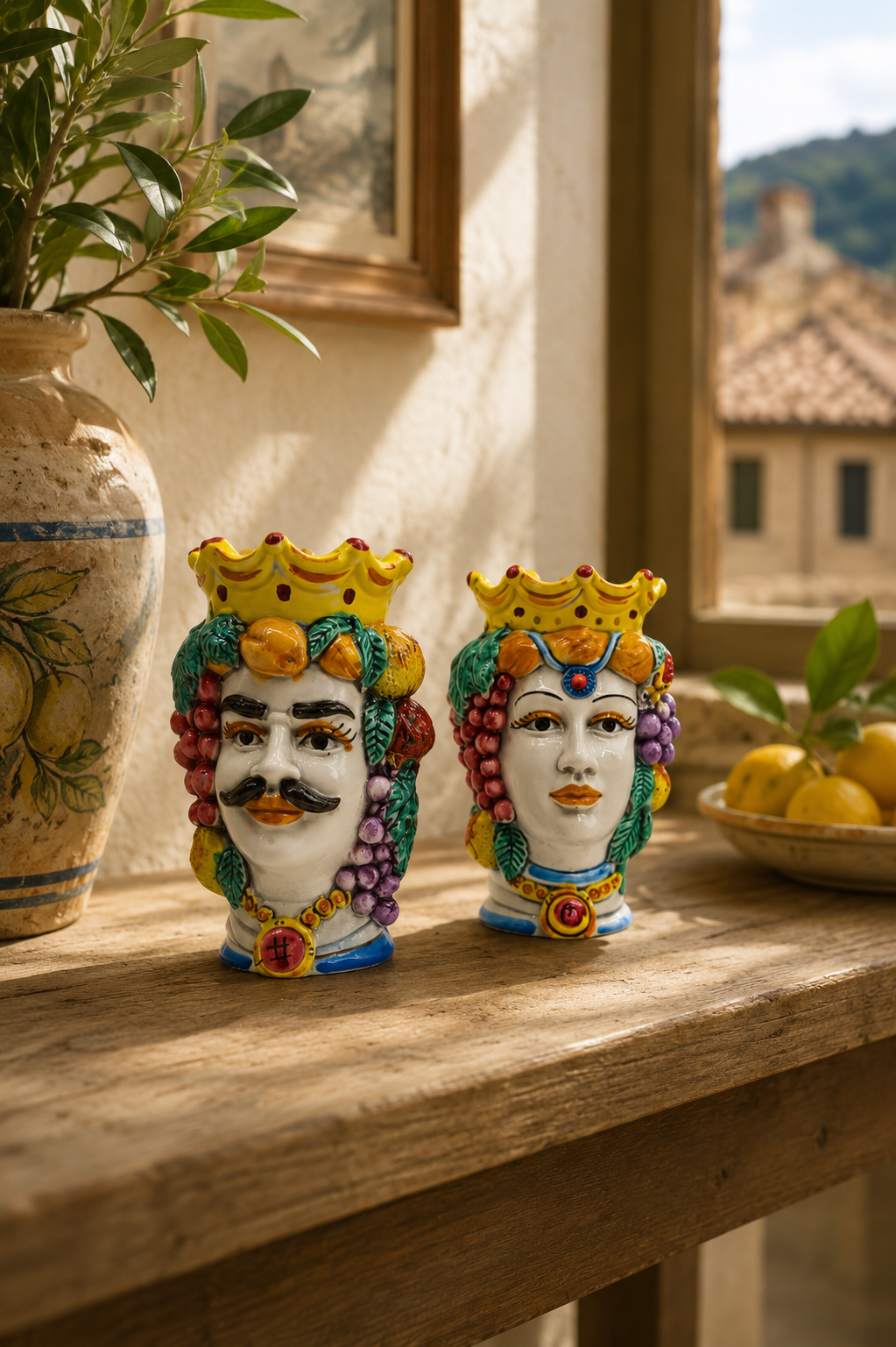 Male and female Sicilian Moor’s Head ceramic vases displayed together and sold separately