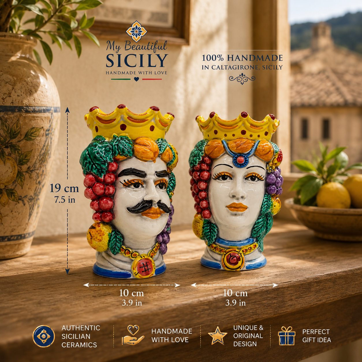 Hand-painted Sicilian Moor’s Head ceramic vase measuring 19 cm high and 10 cm wide