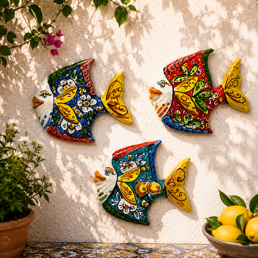 Handmade Sicilian Ceramic Fish Wall Plaque 18 x 17 cm | Ceramica di Caltagirone | Italian Coastal Wall Decor | Mediterranean Fish Wall Art | Made in Sicily