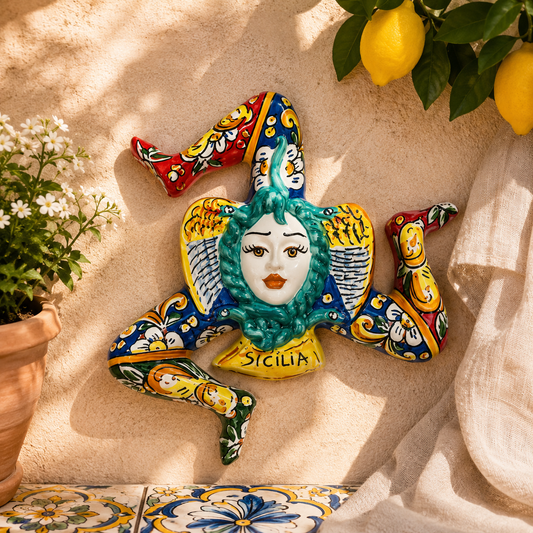Handmade Sicilian Trinacria Wall Plaque 30 cm | Ceramica di Caltagirone | Italian Ceramic Wall Decor | Sicilian Triskelion | Made in Sicily