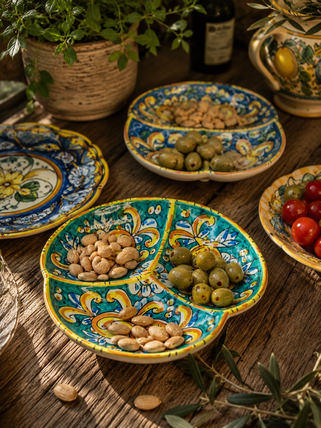 Handmade Sicilian 28 cm 3-Section Ceramic Serving Bowl | Ceramica di Caltagirone | Italian Antipasti Bowl | Olive & Snack Serving Dish | Made in Sicily
