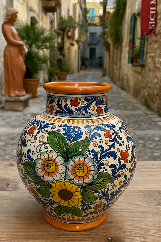 Hand-Painted Caltagirone Ceramic Vase – 33 cm (13 in) High x 24 cm (9.4 in) Wide