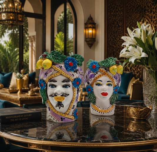 Ceramica di Caltagirone fatta a mano siciliana (modello mare) teste di moro scultura - arredamento casa mediterranea