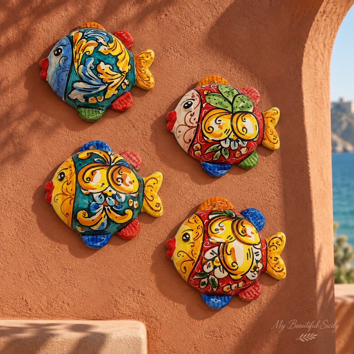 Sicilian Ceramic Fish Wall Decor – Hand Painted, 15 × 14 cm