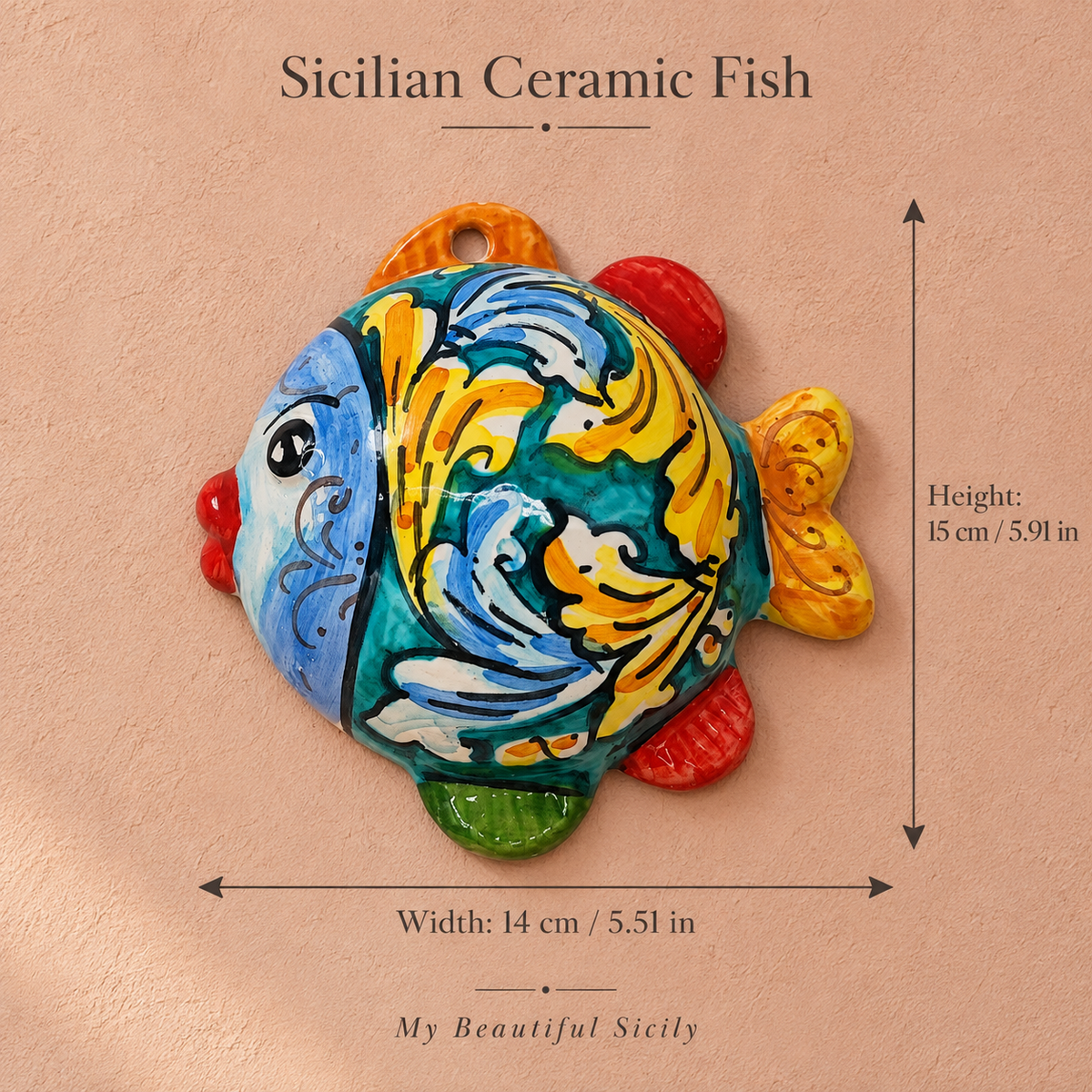 Sicilian Ceramic Fish Wall Decor – Hand Painted, 15 × 14 cm