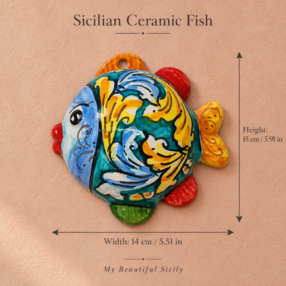 Sicilian Ceramic Fish Wall Decor – Hand Painted, 15 × 14 cm